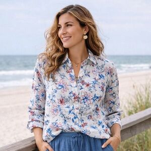 Charter Club Linen Floral Blouse XS Coastal Boho Cottagecore Cruise Resort Wear
